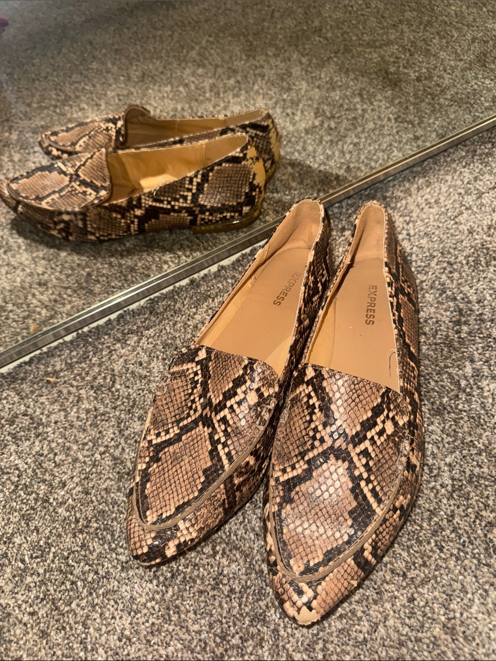 Express Women's Snake-Print Pointed Loafers in Brown/Tan